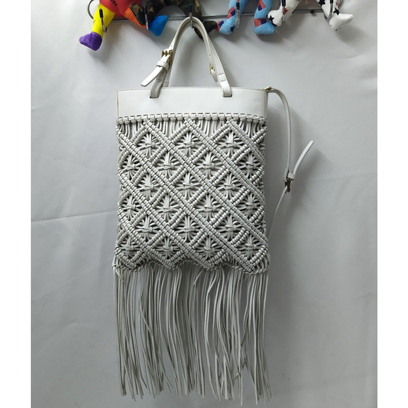 Tory Burch White Leather Woven Braided Macramé Fringe Limited Ed Crossbody Bag - Picture 3 of 16